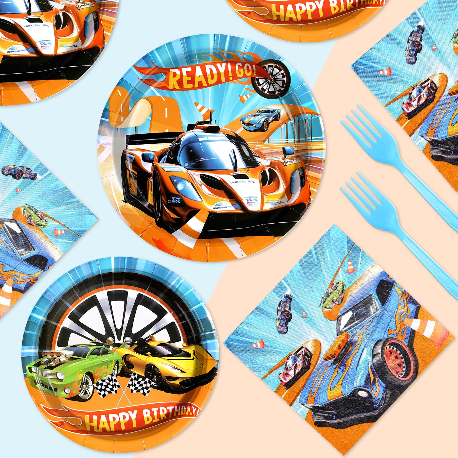 Grencian 96 Pcs Racing Car Party Supplies — Plates, Napkins & Forks for 24