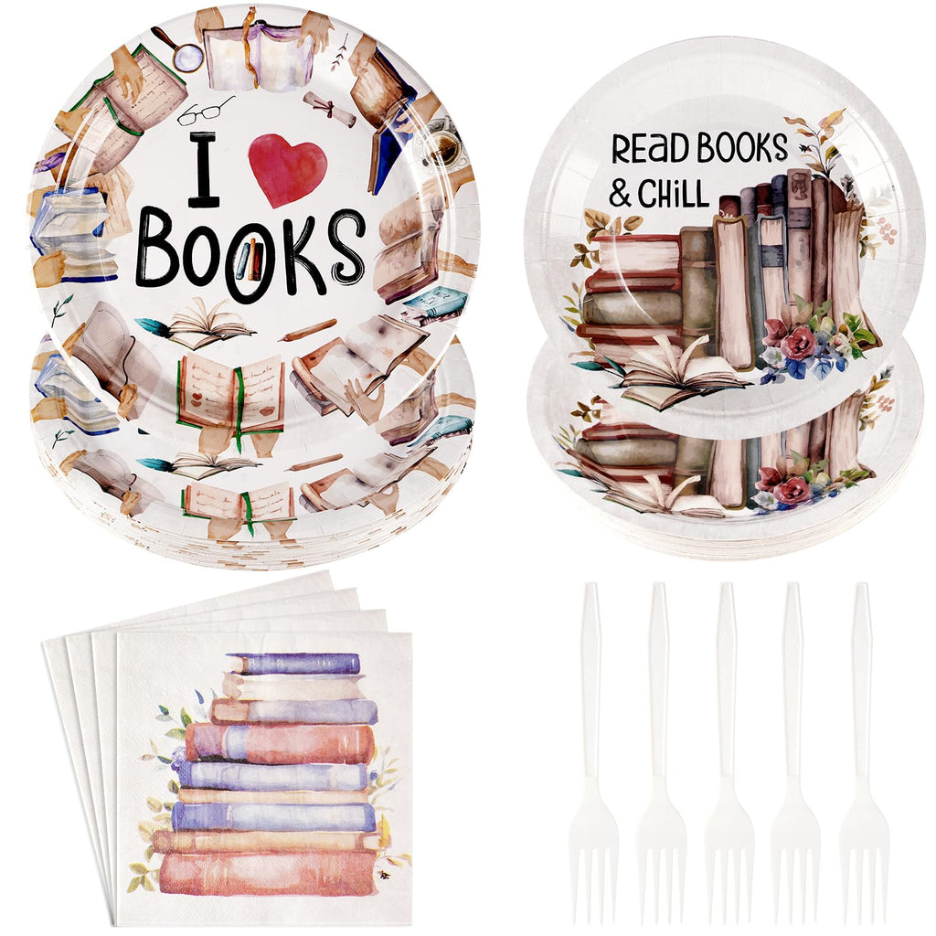 Grencian 96 Pcs Book Themed Party Decorations for Book Club – Plates, Napkins & Forks (Serves 24)