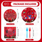 Grencian 96Pcs Spider 4th Birthday Party Supplies – 24 Guests, Red & Blue Hero Theme Plates, Napkins & Forks