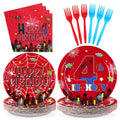 Grencian 96Pcs Spider 4th Birthday Party Supplies – 24 Guests, Red & Blue Hero Theme Plates, Napkins & Forks