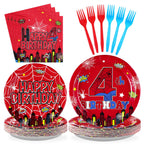Grencian 96Pcs Spider 4th Birthday Party Supplies – 24 Guests, Red & Blue Hero Theme Plates, Napkins & Forks