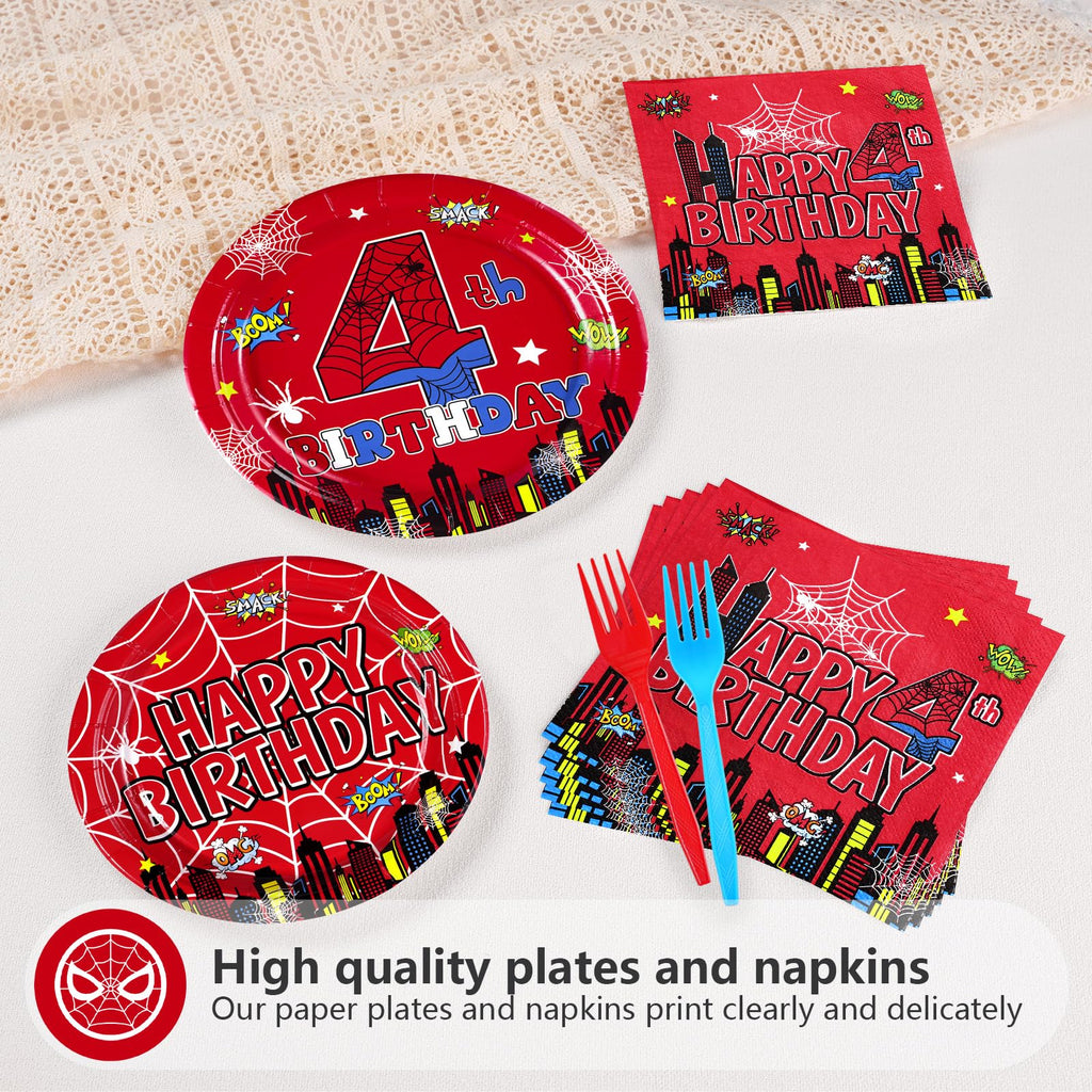 Grencian 96Pcs Spider 4th Birthday Party Supplies – 24 Guests, Red & Blue Hero Theme Plates, Napkins & Forks
