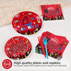 Grencian 96Pcs Spider 4th Birthday Party Supplies – 24 Guests, Red & Blue Hero Theme Plates, Napkins & Forks