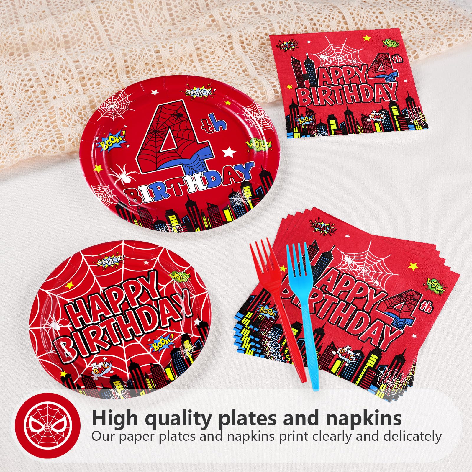 Grencian 96Pcs Spider 4th Birthday Party Supplies – 24 Guests, Red & Blue Hero Theme Plates, Napkins & Forks