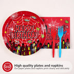 Grencian 96Pcs Spider 4th Birthday Party Supplies – 24 Guests, Red & Blue Hero Theme Plates, Napkins & Forks