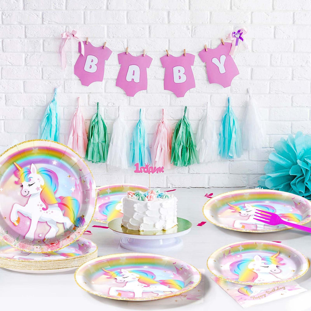 Grencian 96 Pcs Unicorn Birthday Party Set – Rainbow Plates, Napkins & Forks for 24