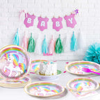 Grencian 96 Pcs Unicorn Birthday Party Set – Rainbow Plates, Napkins & Forks for 24