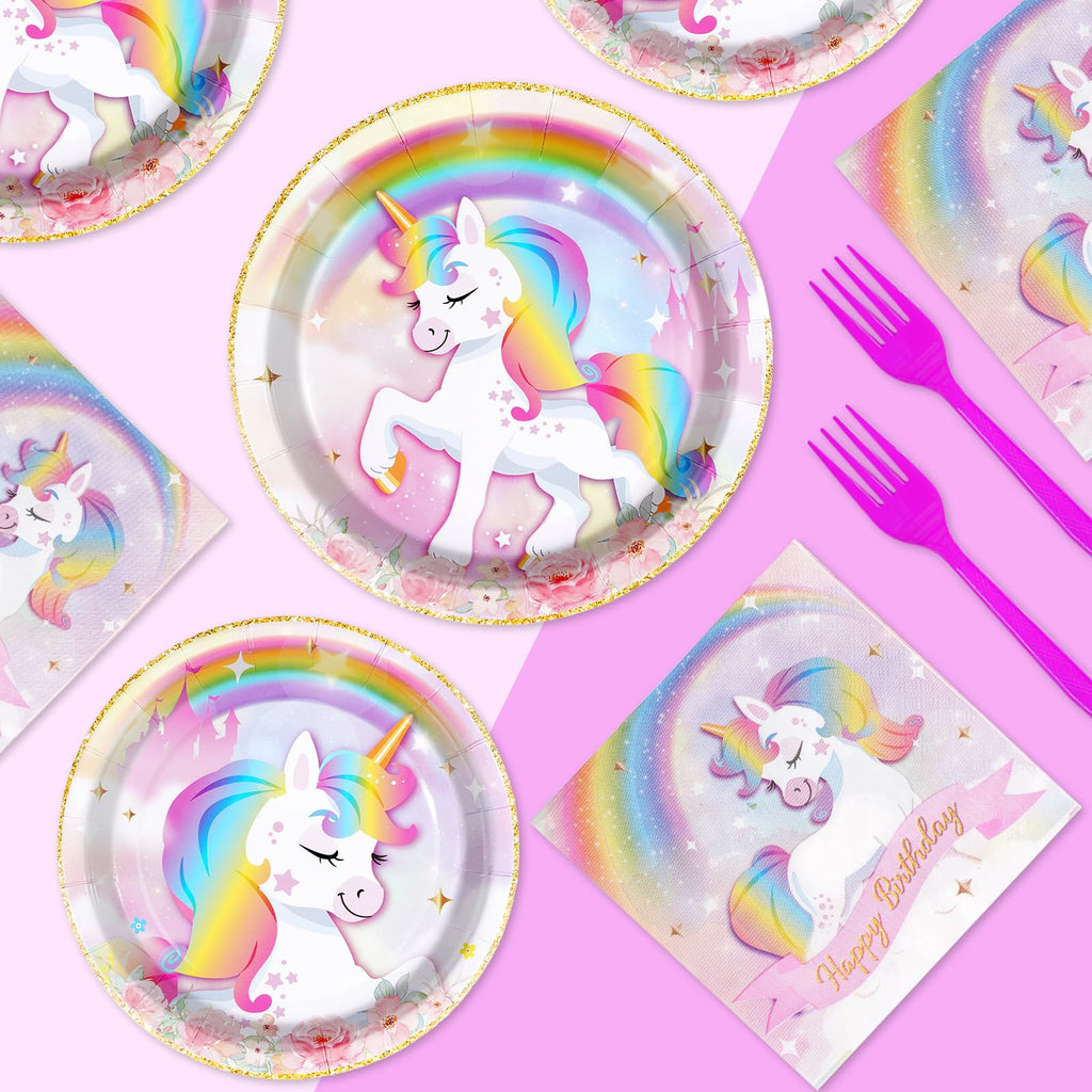 Grencian 96 Pcs Unicorn Birthday Party Set – Rainbow Plates, Napkins & Forks for 24