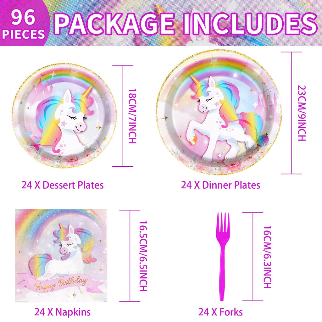 Grencian 96 Pcs Unicorn Birthday Party Set – Rainbow Plates, Napkins & Forks for 24