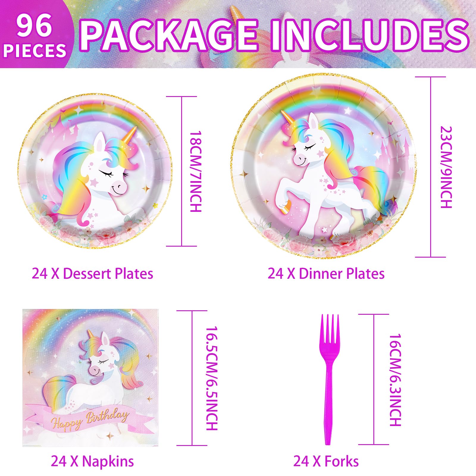 Grencian 96 Pcs Unicorn Birthday Party Set – Rainbow Plates, Napkins & Forks for 24