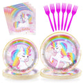 Grencian 96 Pcs Unicorn Birthday Party Set – Rainbow Plates, Napkins & Forks for 24