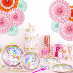 Grencian 96 Pcs Unicorn Birthday Party Set – Rainbow Plates, Napkins & Forks for 24