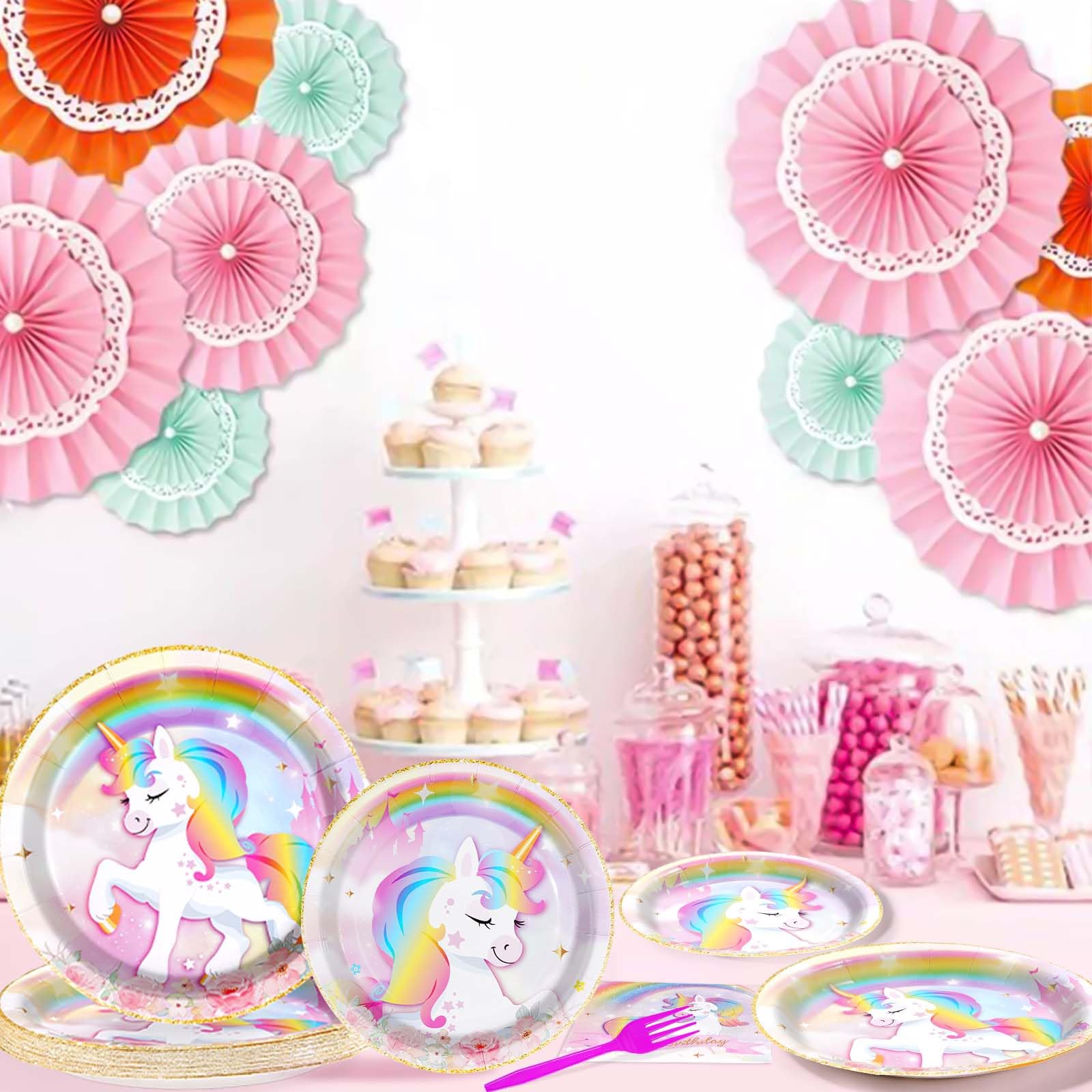 Grencian 96 Pcs Unicorn Birthday Party Set – Rainbow Plates, Napkins & Forks for 24