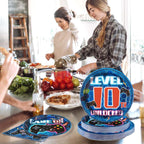 Grencian 96-Pcs 10th Video Game Birthday Tableware Set – Blue Level 10 Plates, Napkins & Forks (Serves 24)