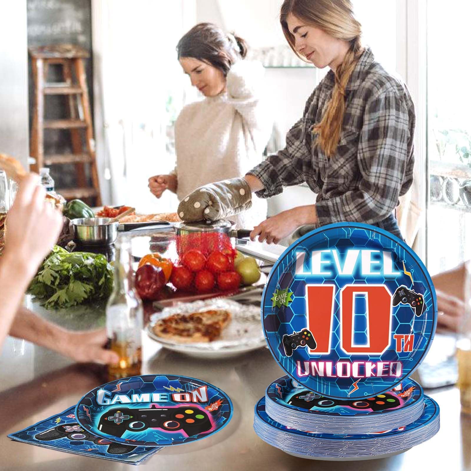 Grencian 96-Pcs 10th Video Game Birthday Tableware Set – Blue Level 10 Plates, Napkins & Forks (Serves 24)