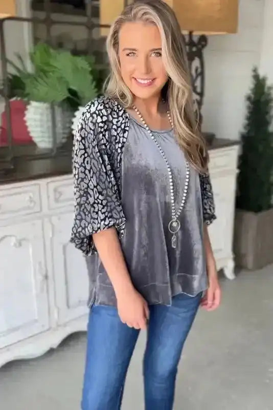 Grey Leopard Velvet Lantern Sleeve Blouse Women UK