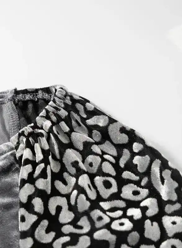 Grey Leopard Velvet Lantern Sleeve Blouse Women UK
