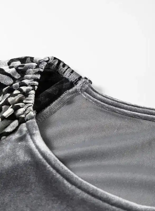 Grey Leopard Velvet Lantern Sleeve Blouse Women UK