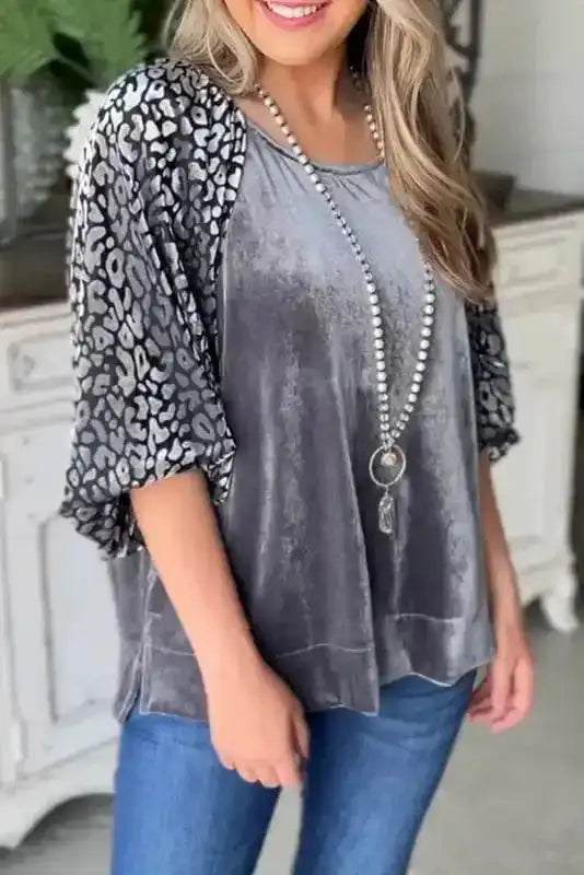 Grey Leopard Velvet Lantern Sleeve Blouse Women UK