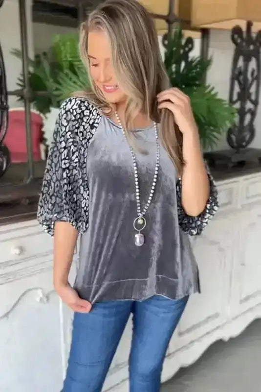 Grey Leopard Velvet Lantern Sleeve Blouse Women UK