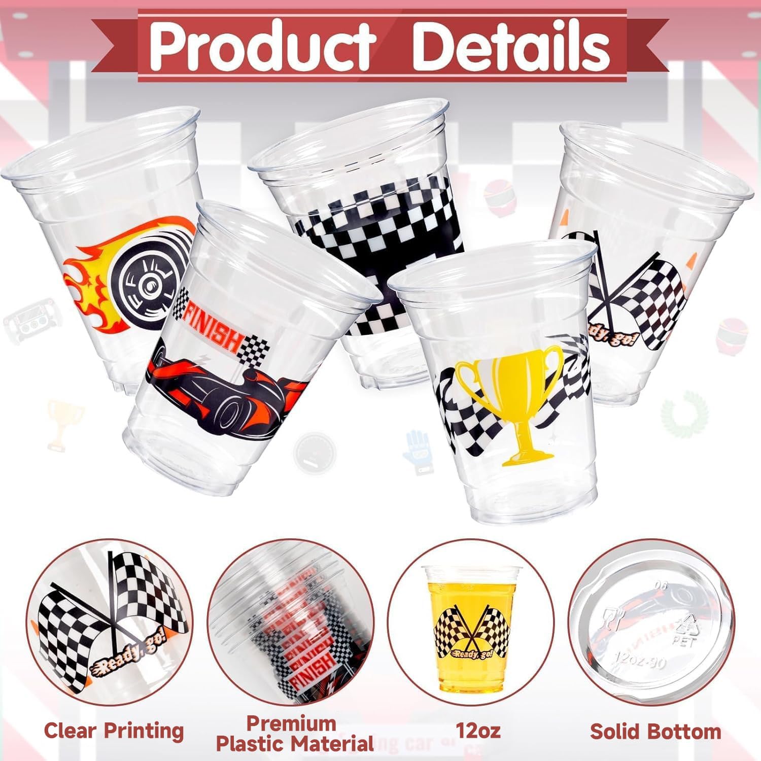 GuassLee 50 Race Car Birthday Party Cups – 12oz Checkered Flag Disposable
