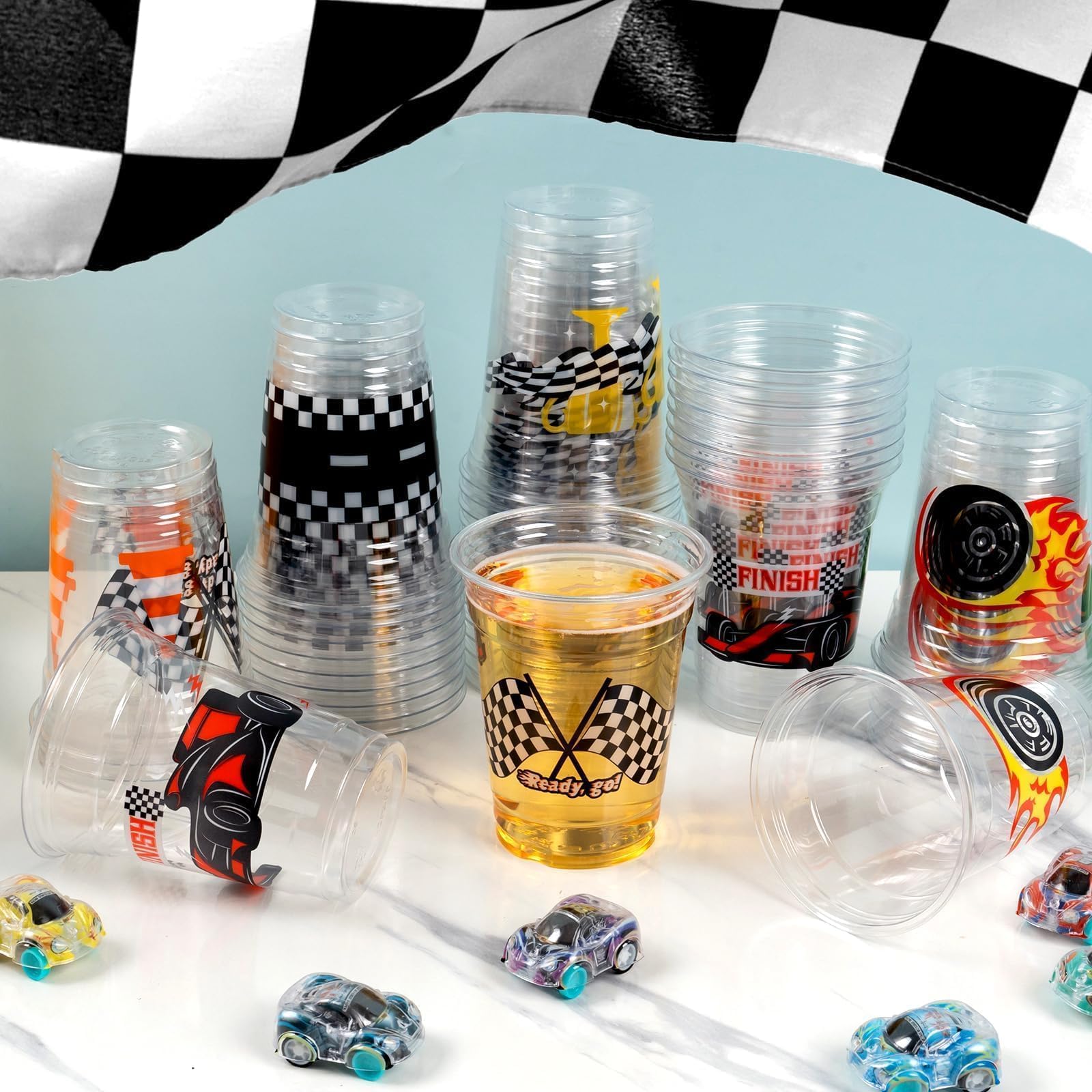 GuassLee 50 Race Car Birthday Party Cups – 12oz Checkered Flag Disposable