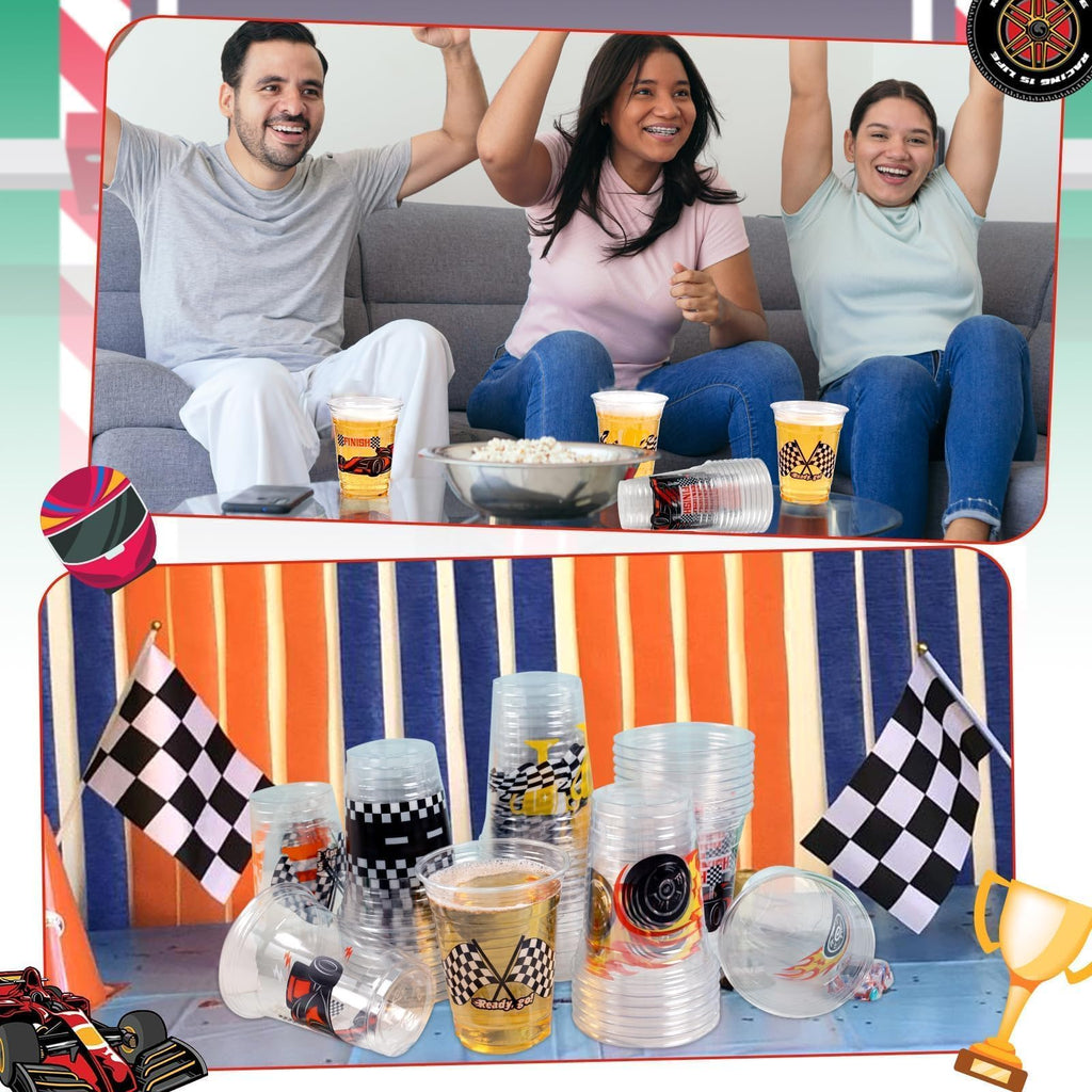 GuassLee 50 Race Car Birthday Party Cups – 12oz Checkered Flag Disposable
