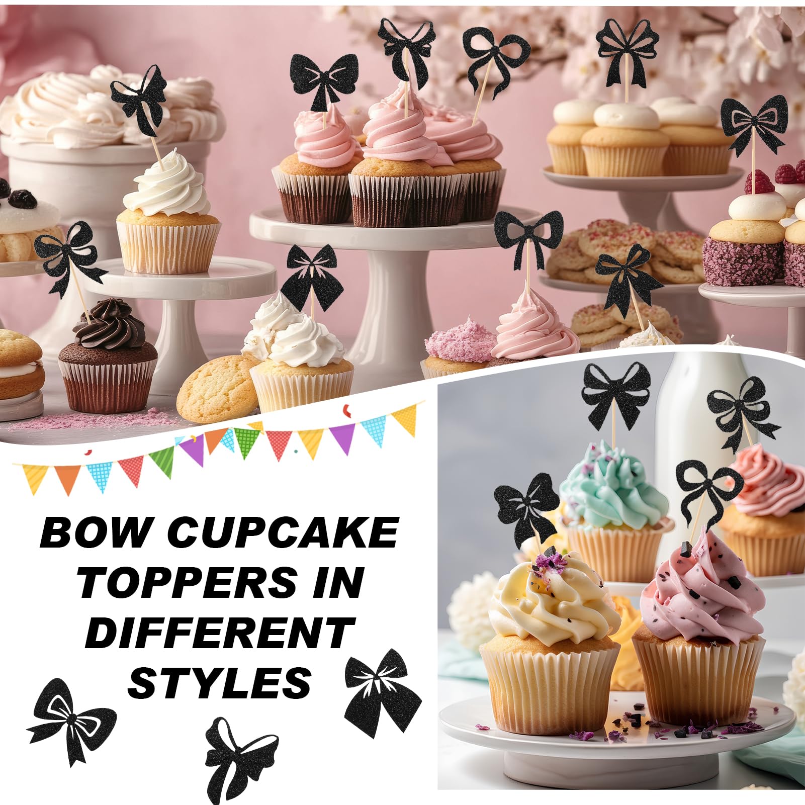 Guiqulai 25 Pcs Black Bow Cake Toppers Set – Birthday, Wedding & Baby Shower Decorations