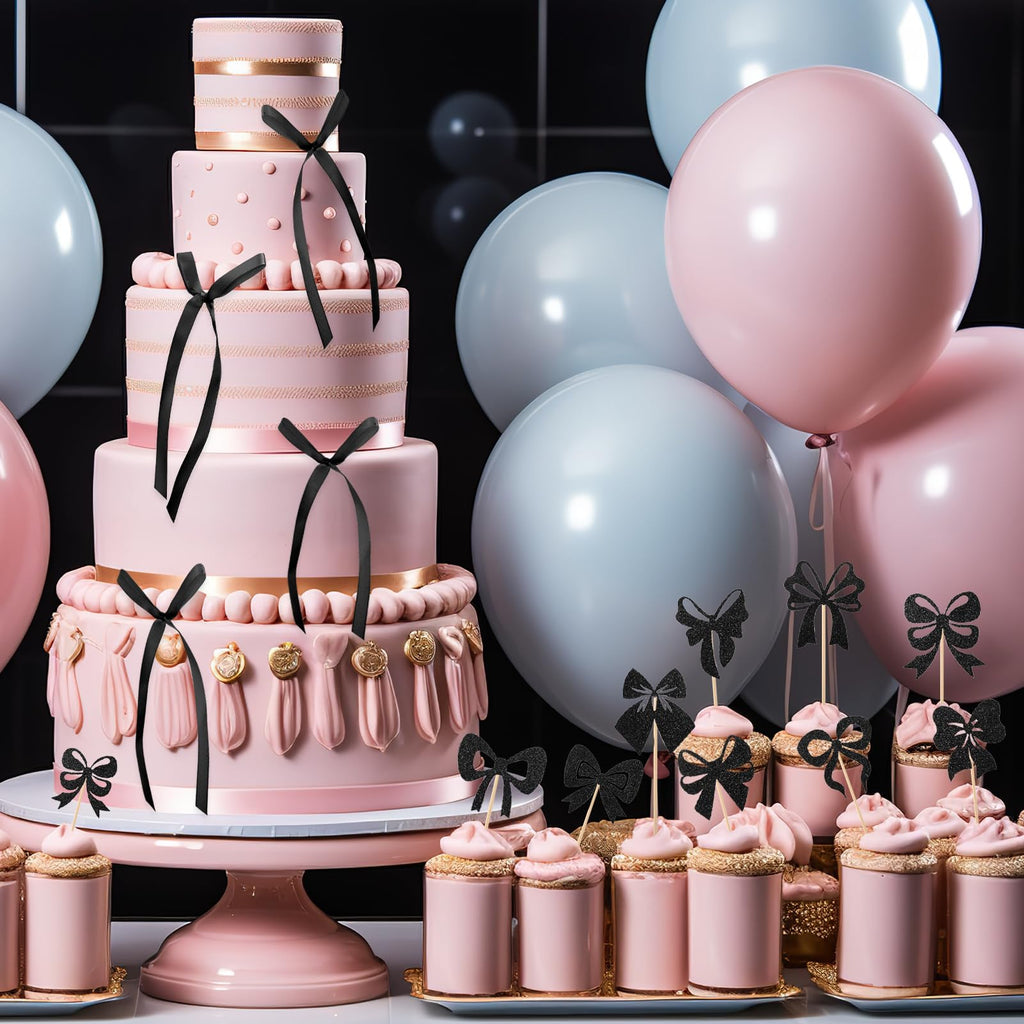 Guiqulai 25 Pcs Black Bow Cake Toppers Set – Birthday, Wedding & Baby Shower Decorations