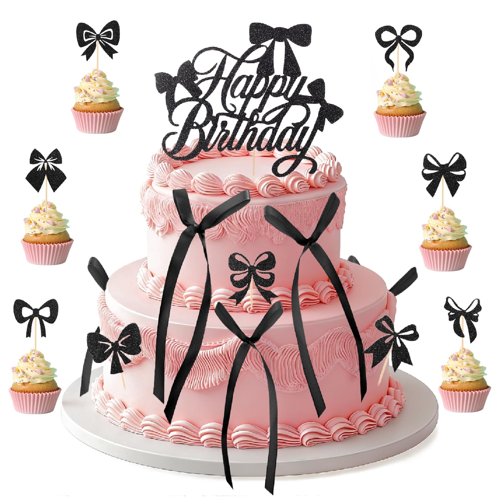 Guiqulai 25 Pcs Black Bow Cake Toppers Set – Birthday, Wedding & Baby Shower Decorations