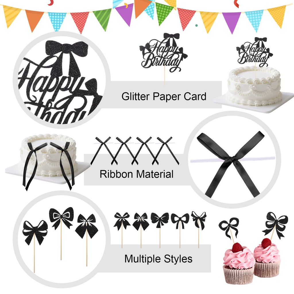 Guiqulai 25 Pcs Black Bow Cake Toppers Set – Birthday, Wedding & Baby Shower Decorations