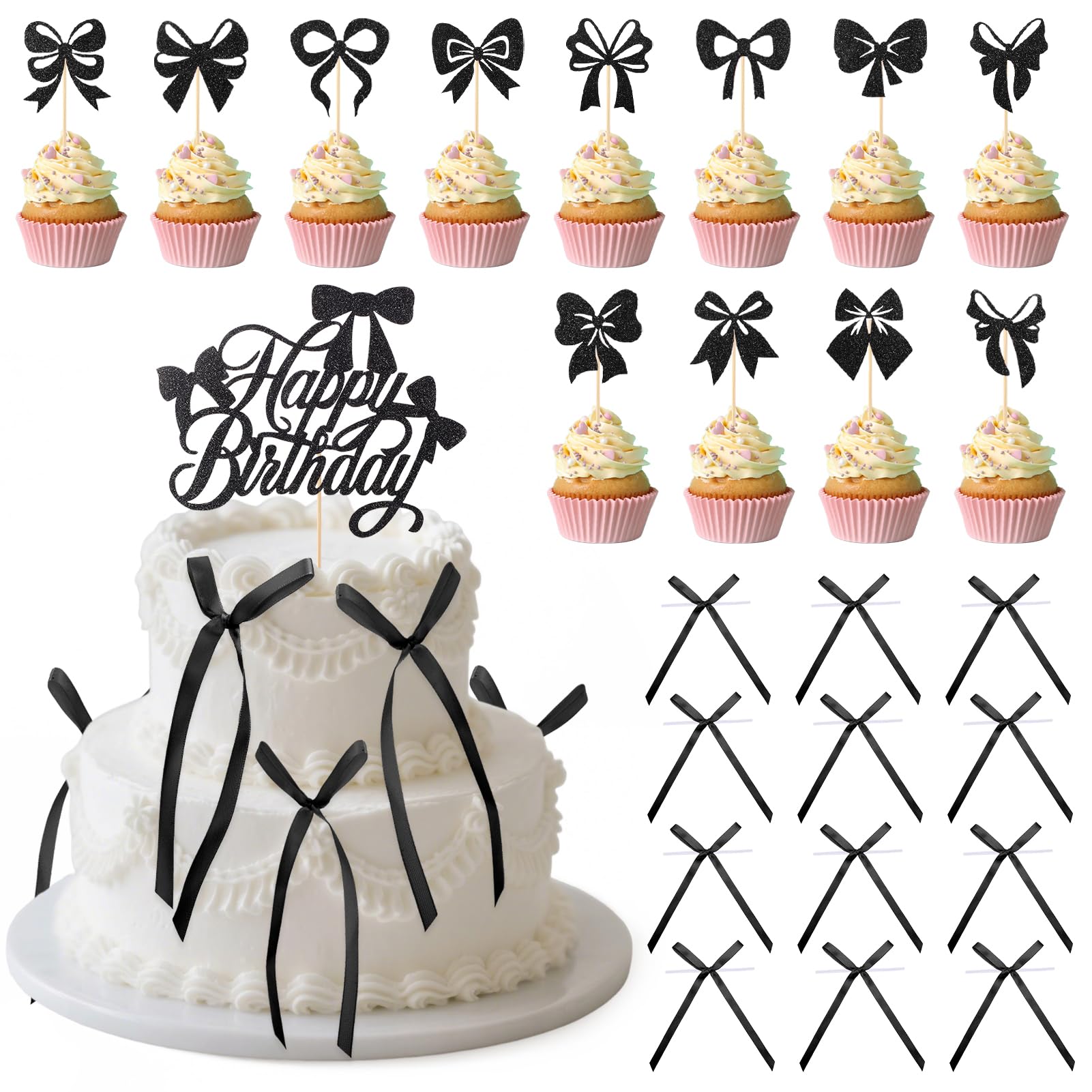 Guiqulai 25 Pcs Black Bow Cake Toppers Set – Birthday, Wedding & Baby Shower Decorations