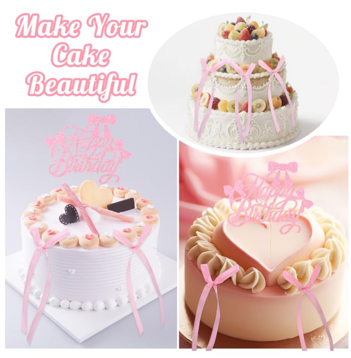 Guiqulai 25 Pcs Bow Cake Toppers – Pink Birthday Cake Topper & Cupcake Toppers Set