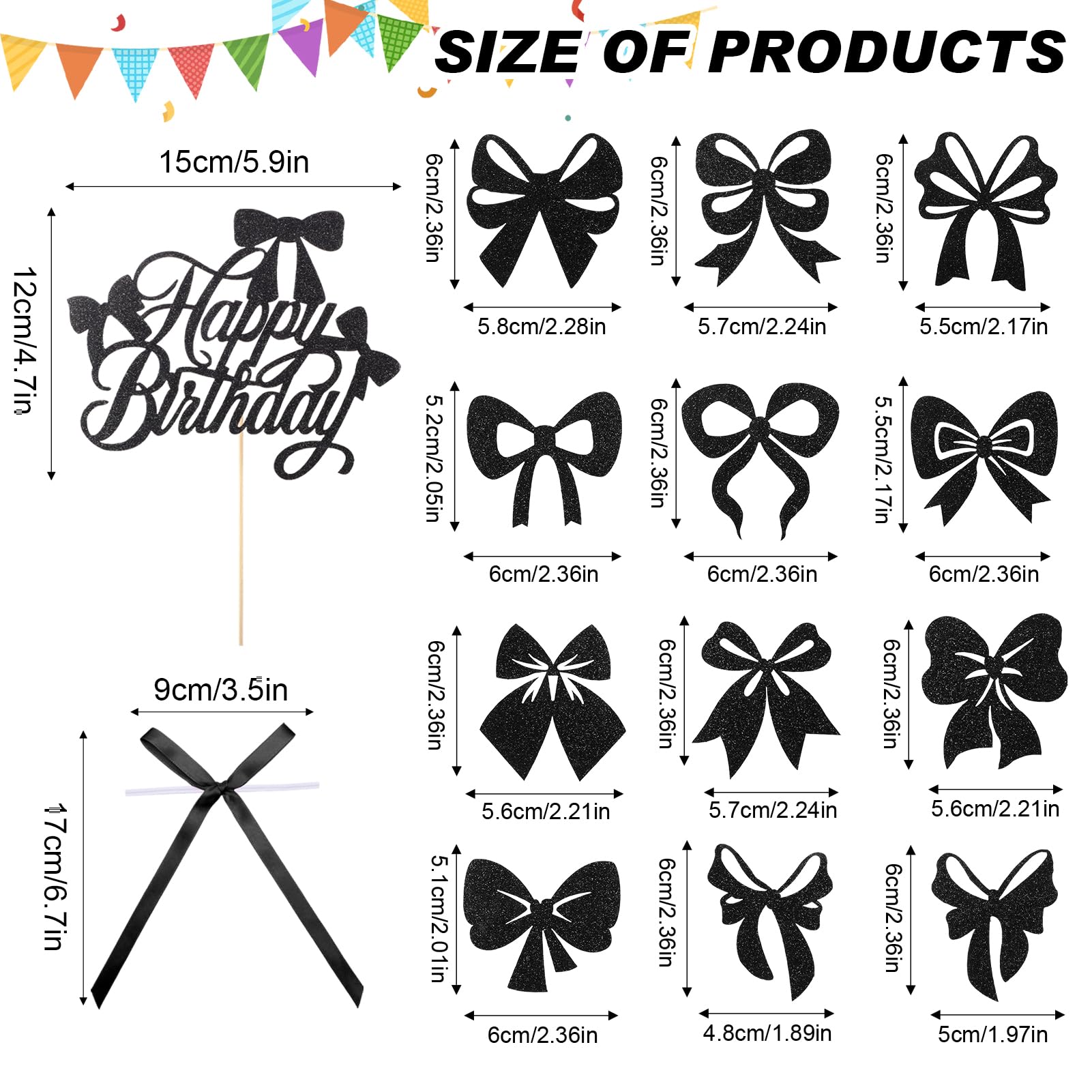 Guiqulai 25 Pcs Black Bow Cake Toppers Set – Birthday, Wedding & Baby Shower Decorations