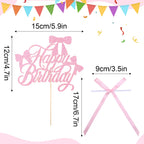 Guiqulai 25 Pcs Bow Cake Toppers – Pink Birthday Cake Topper & Cupcake Toppers Set