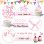 Guiqulai 25 Pcs Bow Cake Toppers – Pink Birthday Cake Topper & Cupcake Toppers Set