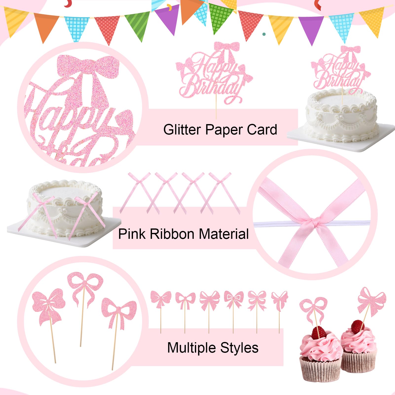Guiqulai 25 Pcs Bow Cake Toppers – Pink Birthday Cake Topper & Cupcake Toppers Set