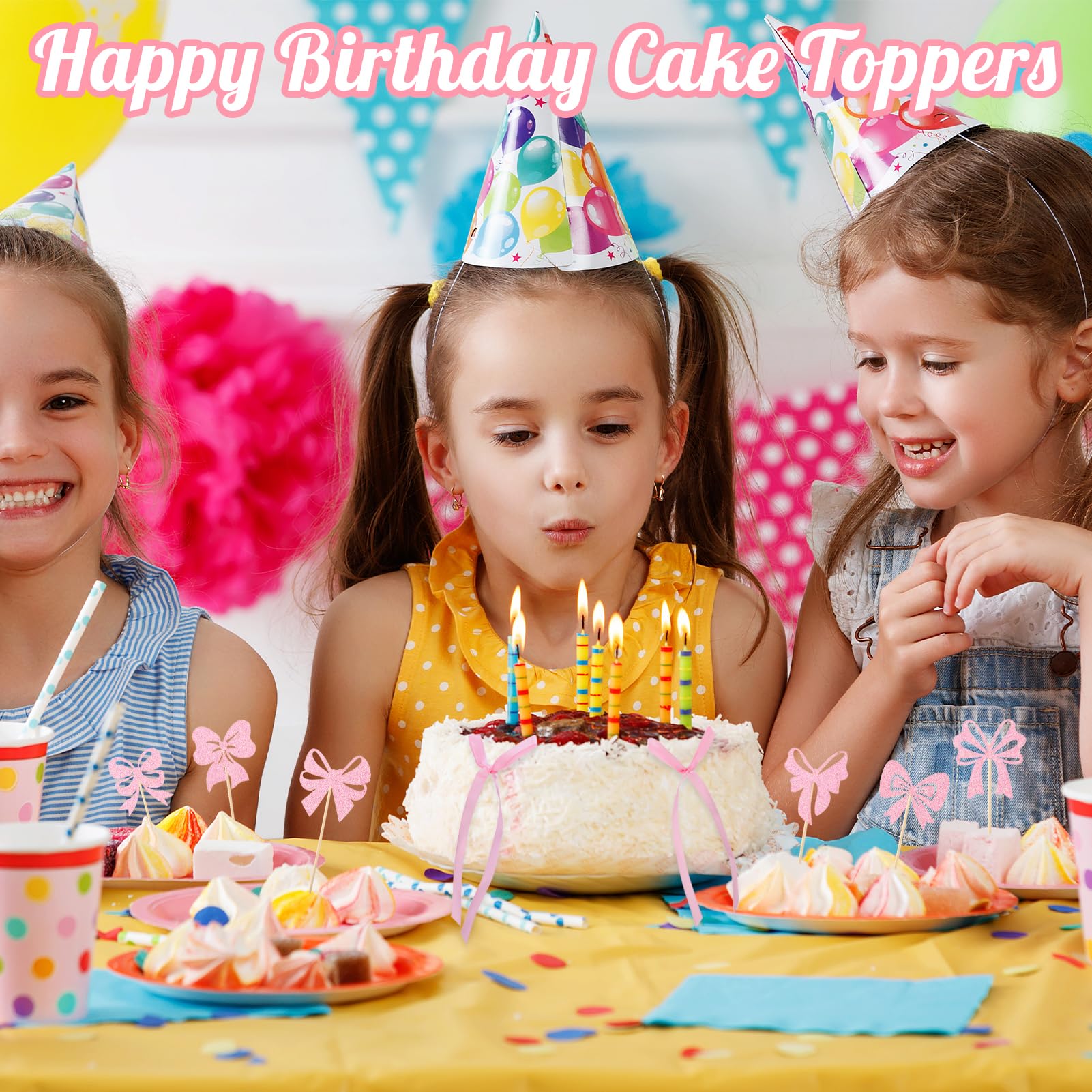 Guiqulai 25 Pcs Bow Cake Toppers – Pink Birthday Cake Topper & Cupcake Toppers Set