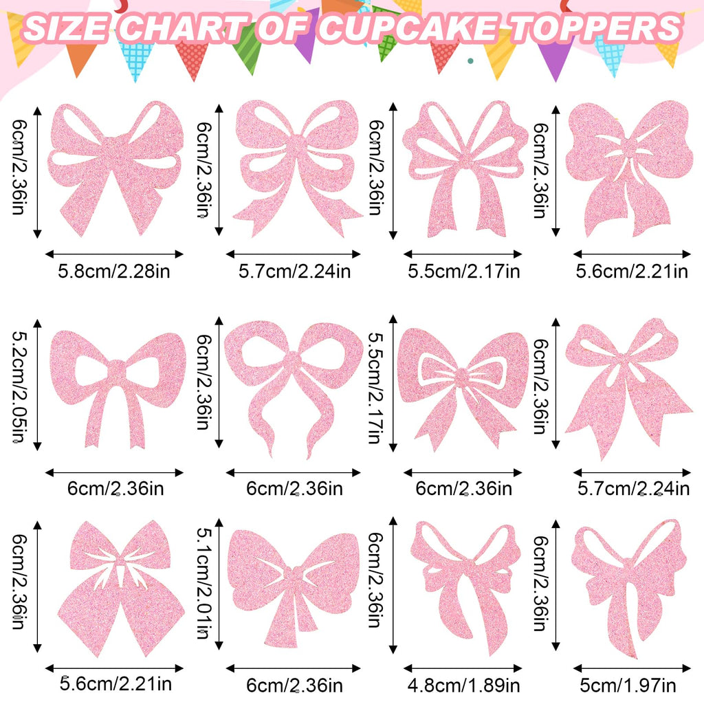 Guiqulai 25 Pcs Bow Cake Toppers – Pink Birthday Cake Topper & Cupcake Toppers Set