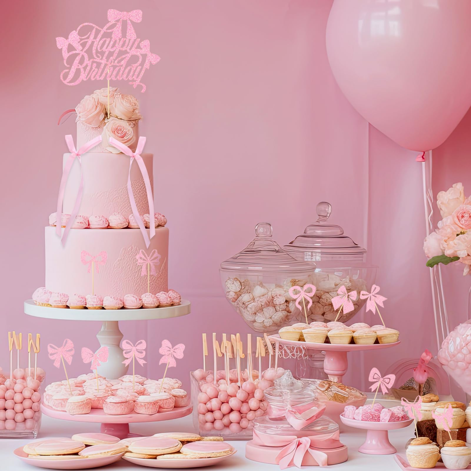 Guiqulai 25 Pcs Bow Cake Toppers – Pink Birthday Cake Topper & Cupcake Toppers Set