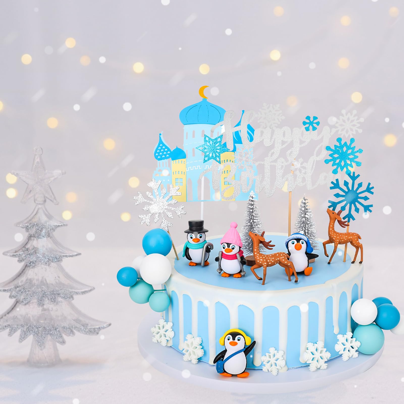 Guiqulai 52-Piece Winter Wonderland Cake Topper Set – Penguin, Snowflake, Reindeer & Castle Decor