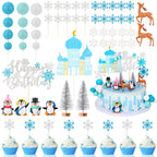 Guiqulai 52-Piece Winter Wonderland Cake Topper Set – Penguin, Snowflake, Reindeer & Castle Decor