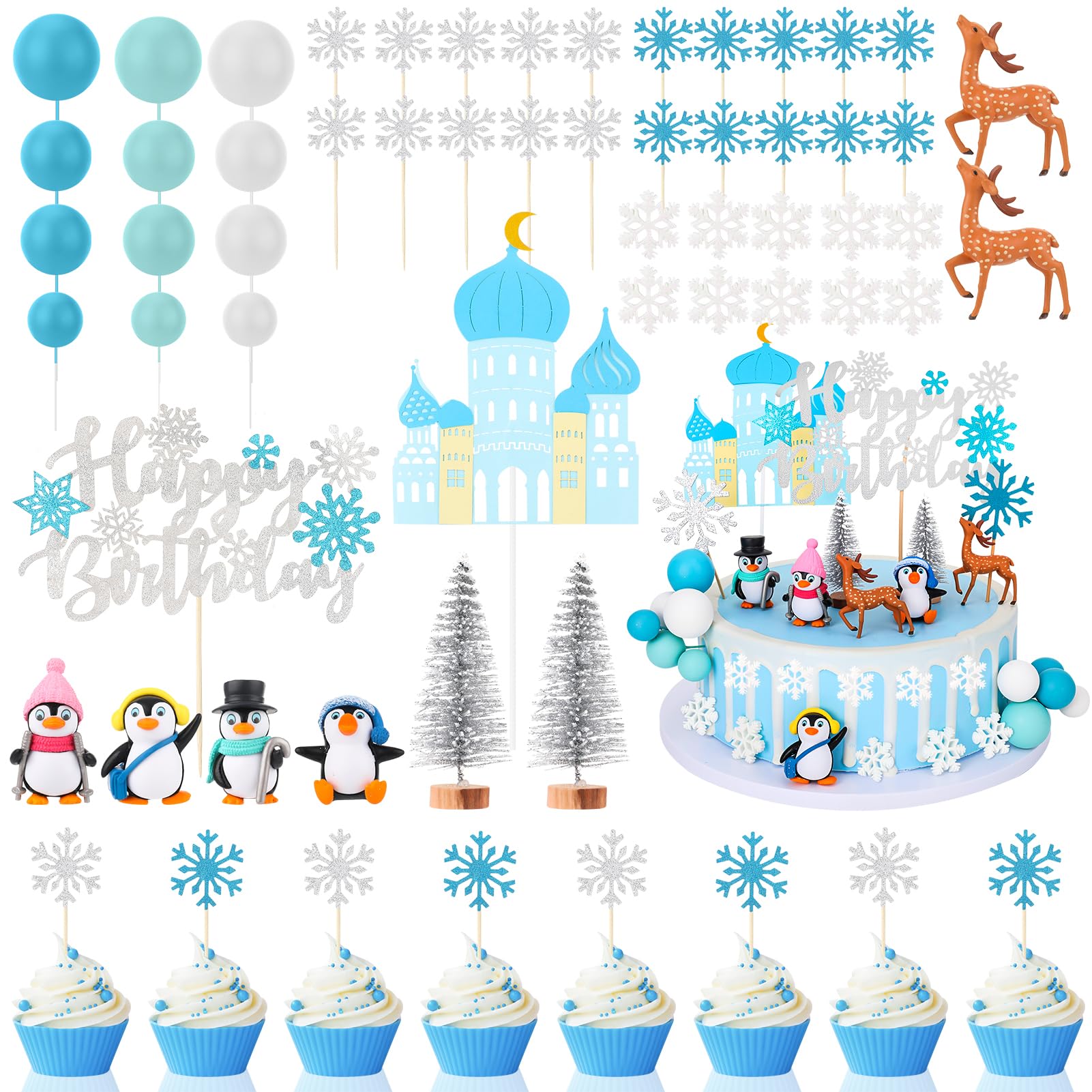 Guiqulai 52-Piece Winter Wonderland Cake Topper Set – Penguin, Snowflake, Reindeer & Castle Decor