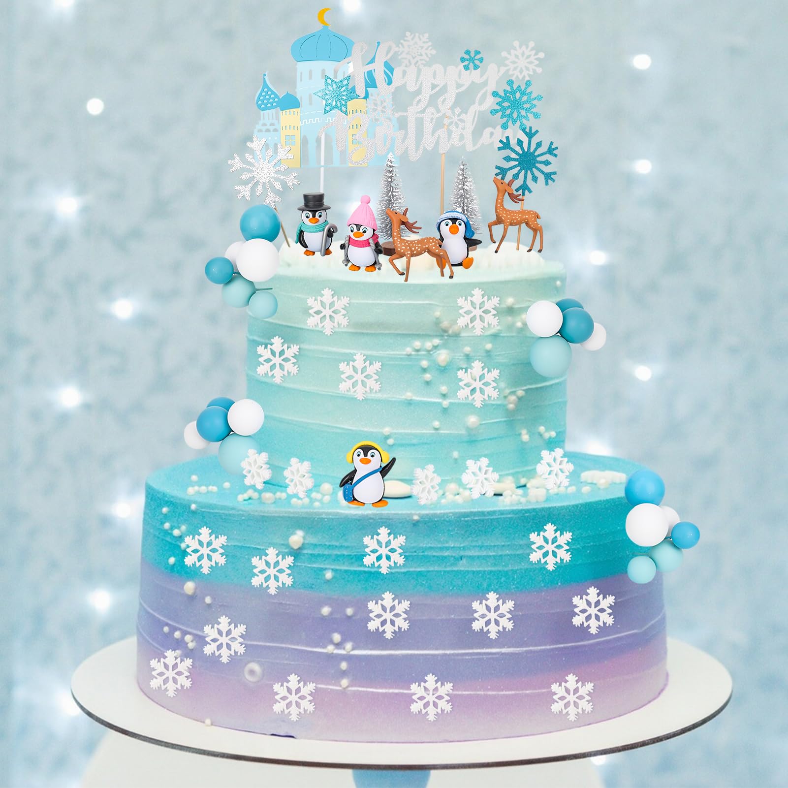 Guiqulai 52-Piece Winter Wonderland Cake Topper Set – Penguin, Snowflake, Reindeer & Castle Decor