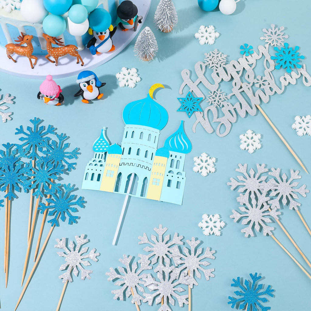 Guiqulai 52-Piece Winter Wonderland Cake Topper Set – Penguin, Snowflake, Reindeer & Castle Decor