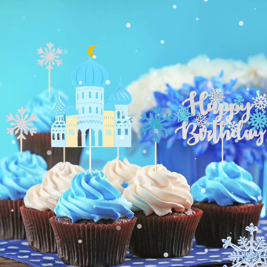 Guiqulai 52-Piece Winter Wonderland Cake Topper Set – Penguin, Snowflake, Reindeer & Castle Decor