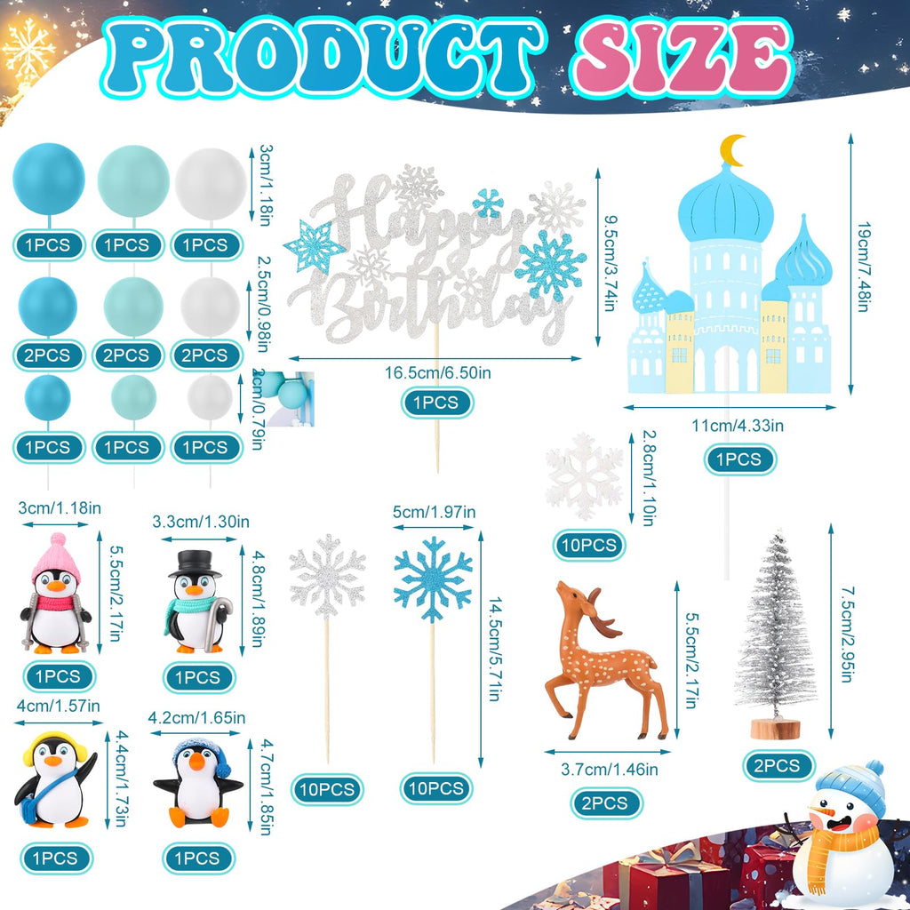 Guiqulai 52-Piece Winter Wonderland Cake Topper Set – Penguin, Snowflake, Reindeer & Castle Decor