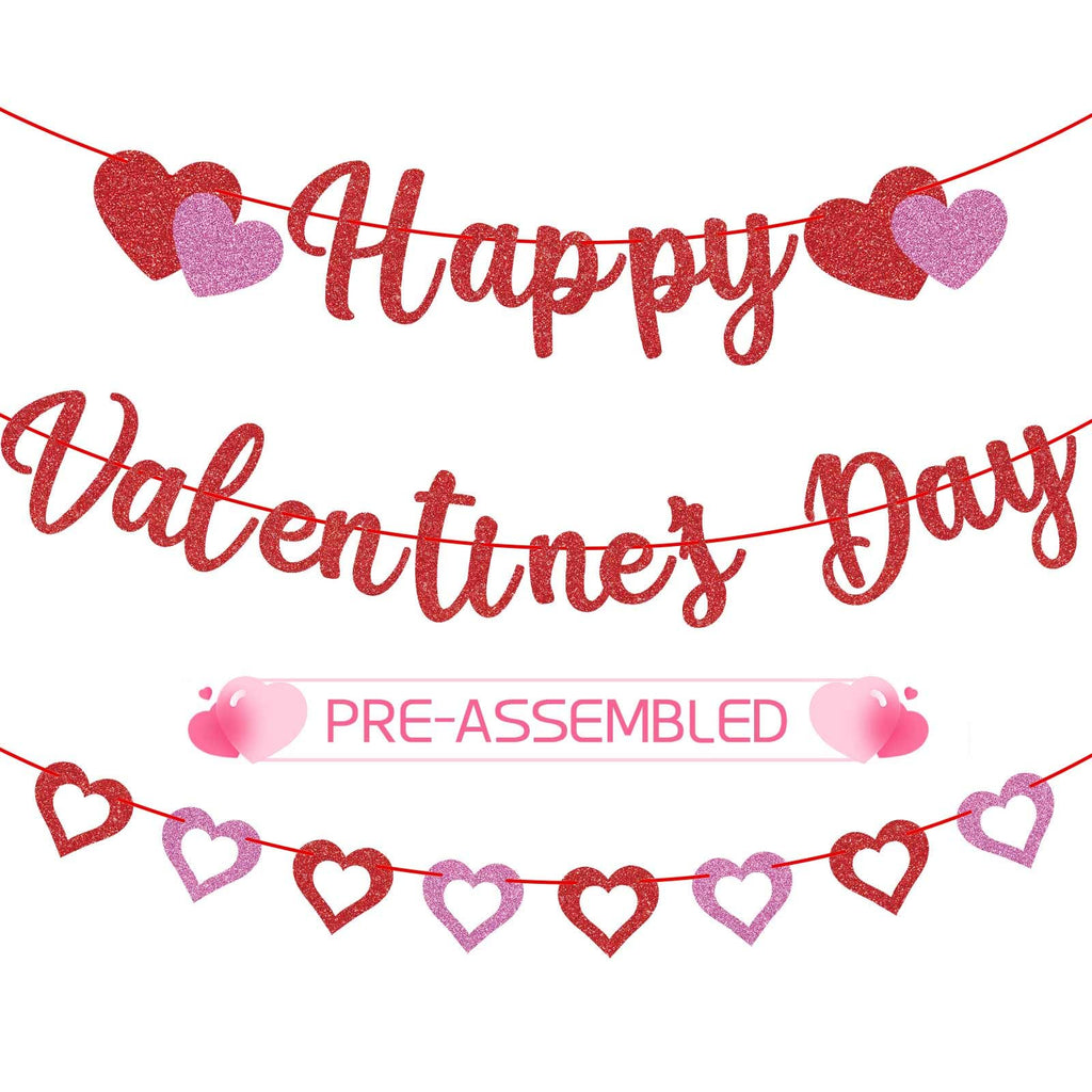 GULWAT Glitter Happy Valentines Day Banner - 10ft Red & Pink Sparkling Valentine Decorations
