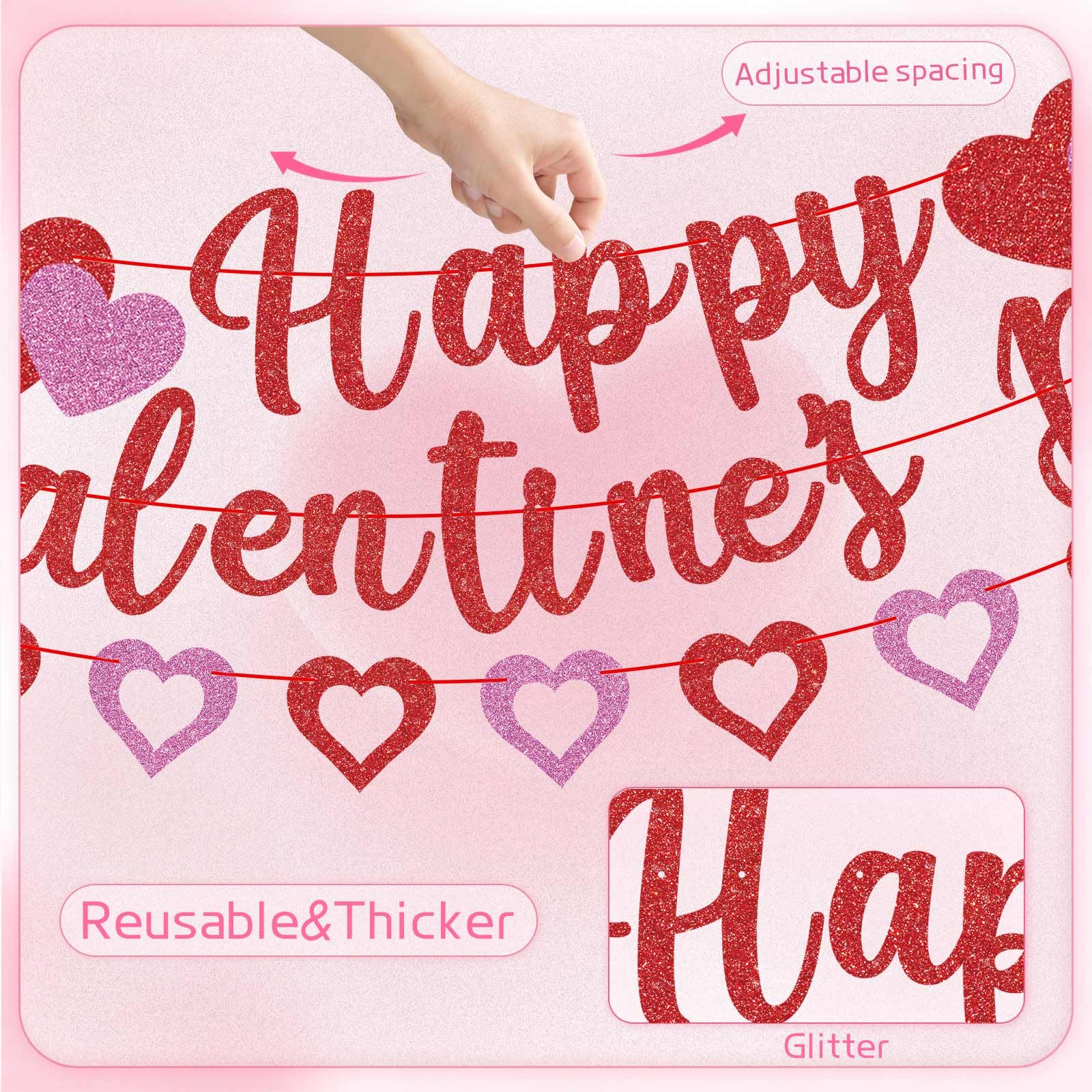 GULWAT Glitter Happy Valentines Day Banner - 10ft Red & Pink Sparkling Valentine Decorations