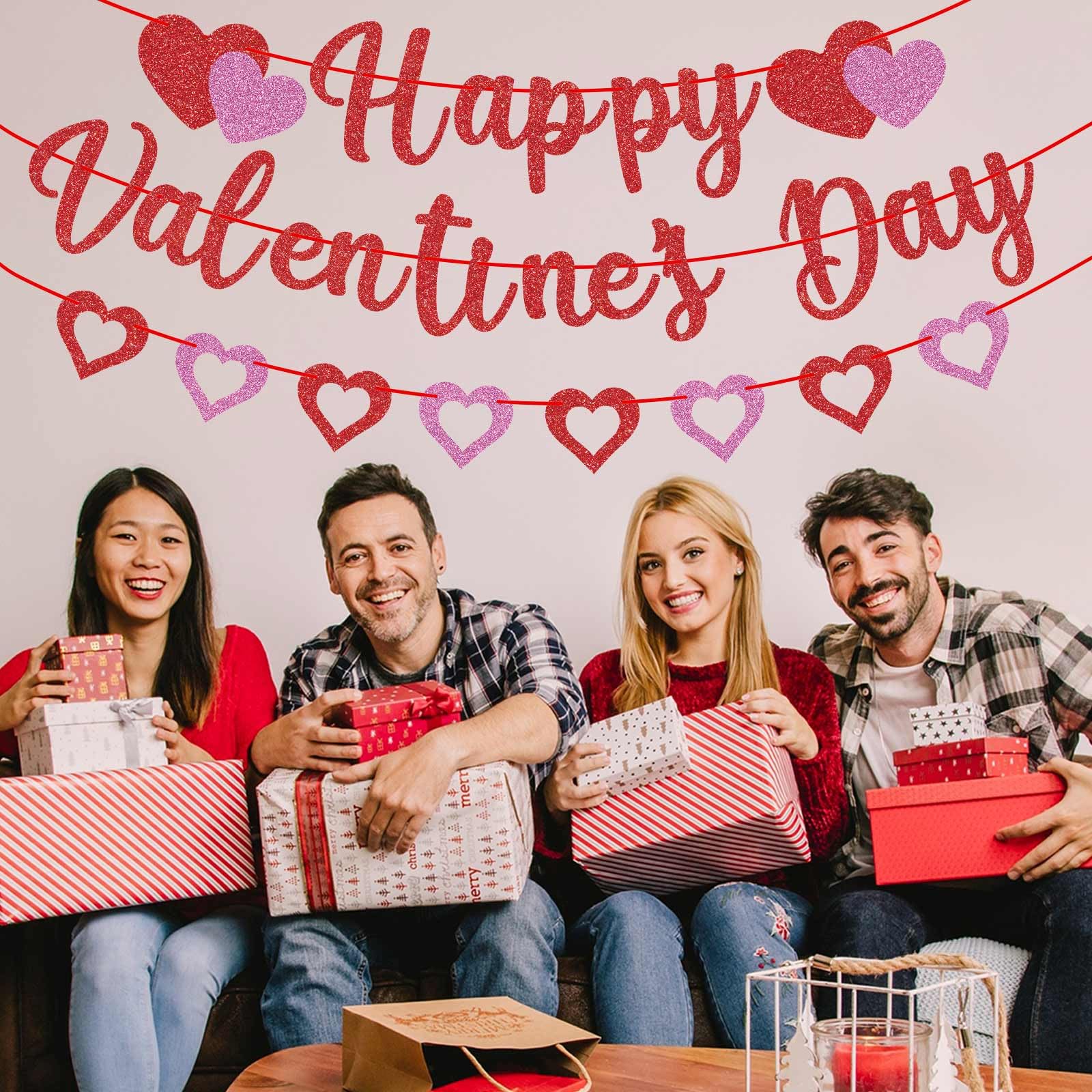 GULWAT Glitter Happy Valentines Day Banner - 10ft Red & Pink Sparkling Valentine Decorations